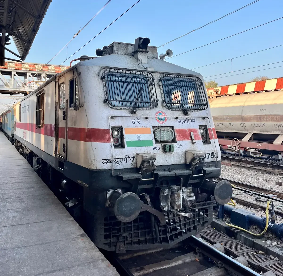 Indian Railways locomotive during our train journey in India, 2 weeks India Itinerary