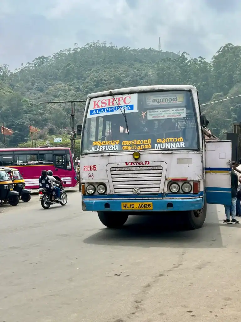 Local bus station in Kerala during our journey through South India