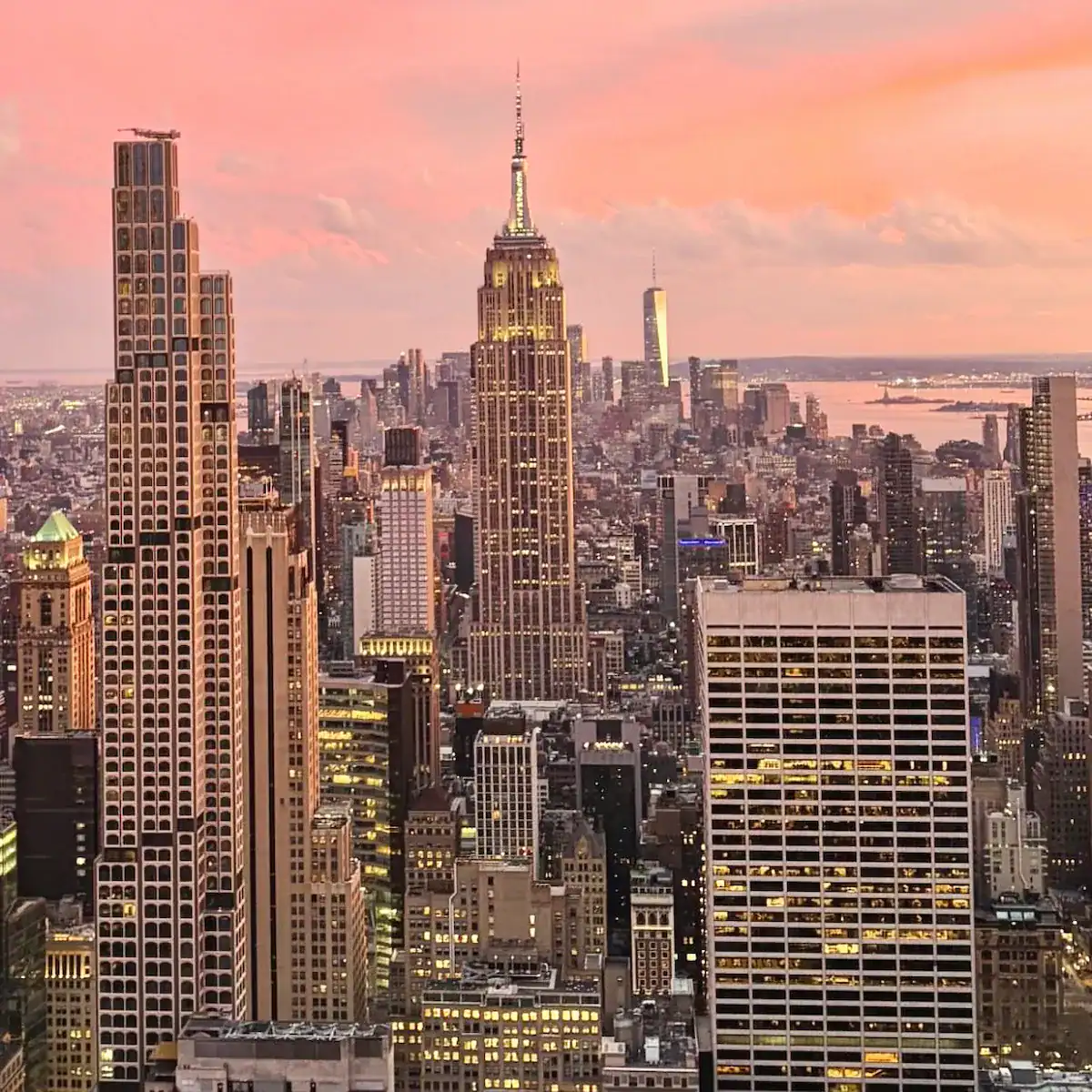 New York City skyline representing North America at sunset.