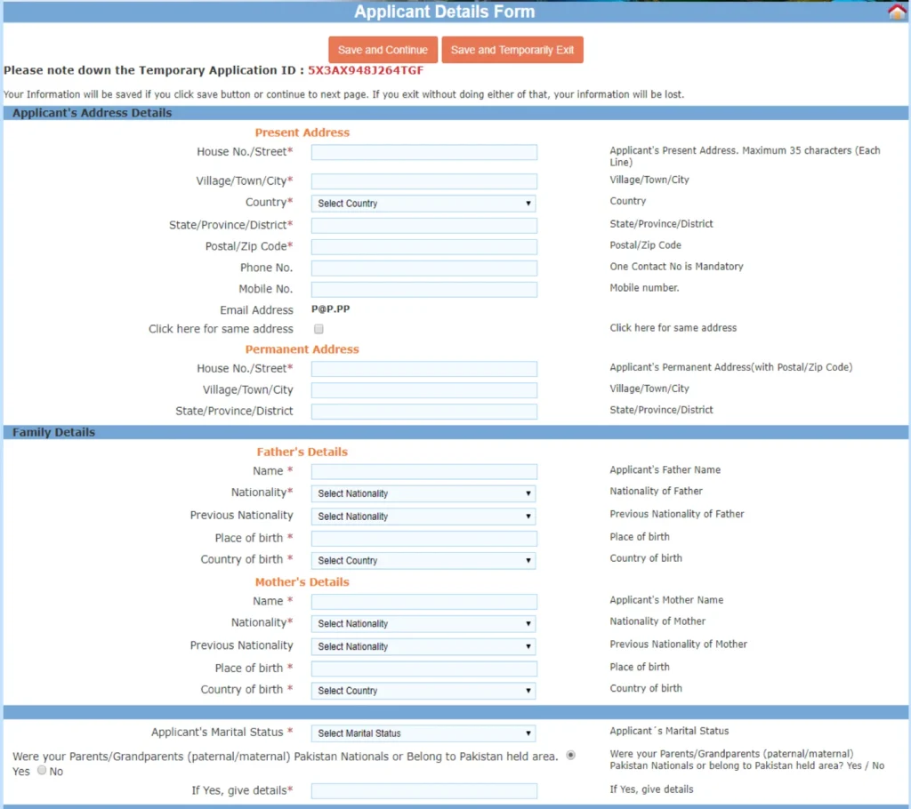 India eVisa guide - Address & Parents info page