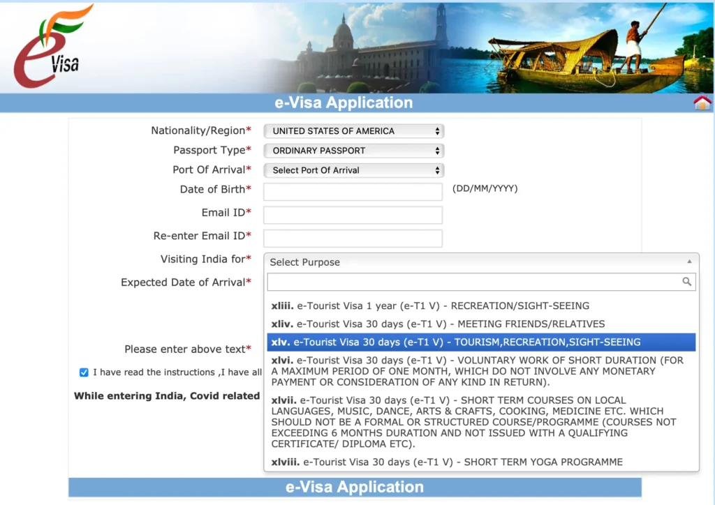 India eVisa guide - personal information and Visa type